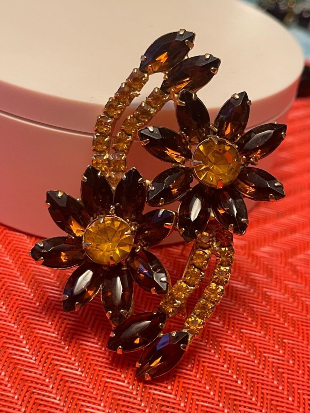 Vtg MCM Amber & Topaz Rhinestone Floral Brooch With Marquise & Chaton Stones In